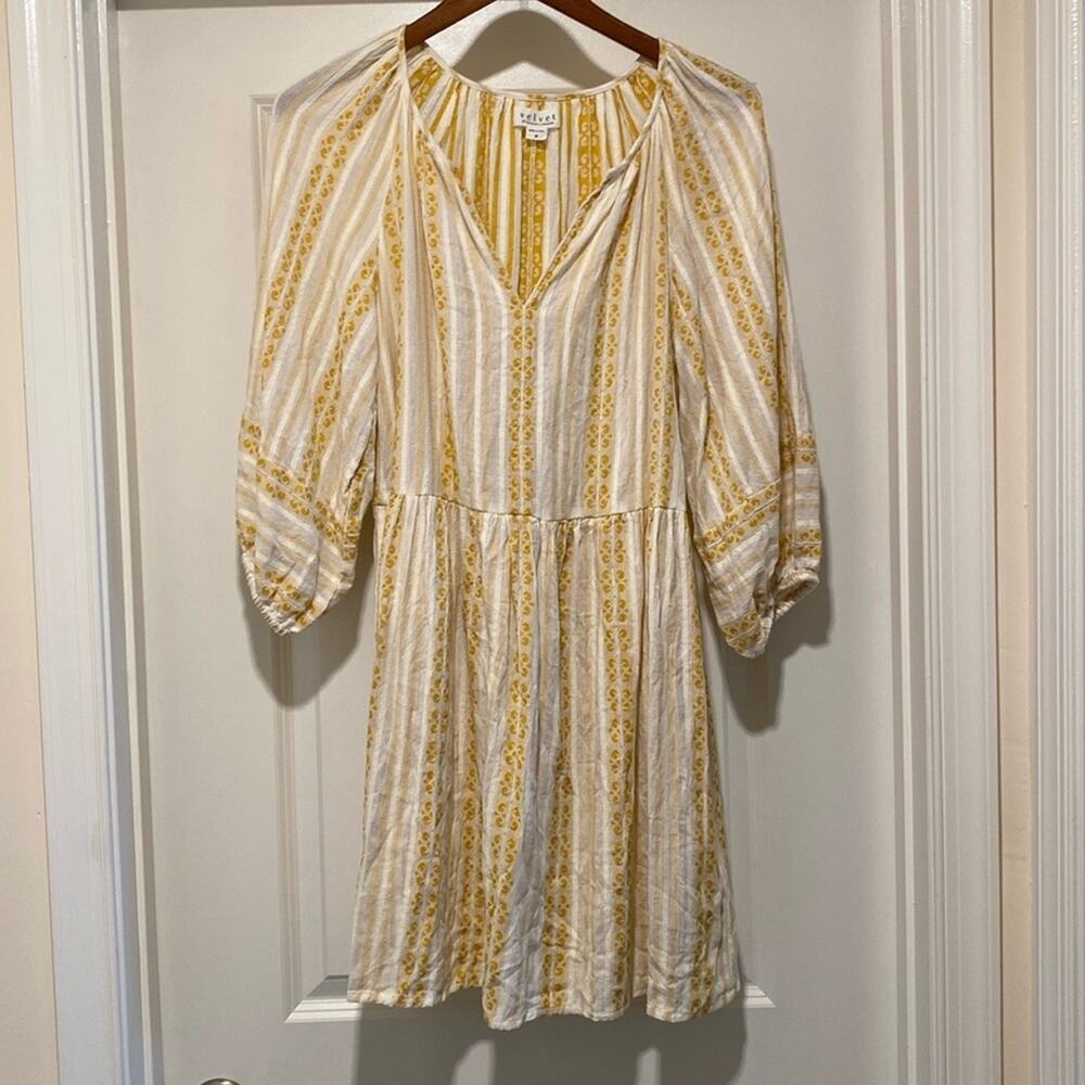 Velvet by Graham & Spencer Tunic Dress Women's Medium White Gold V Neck Boho